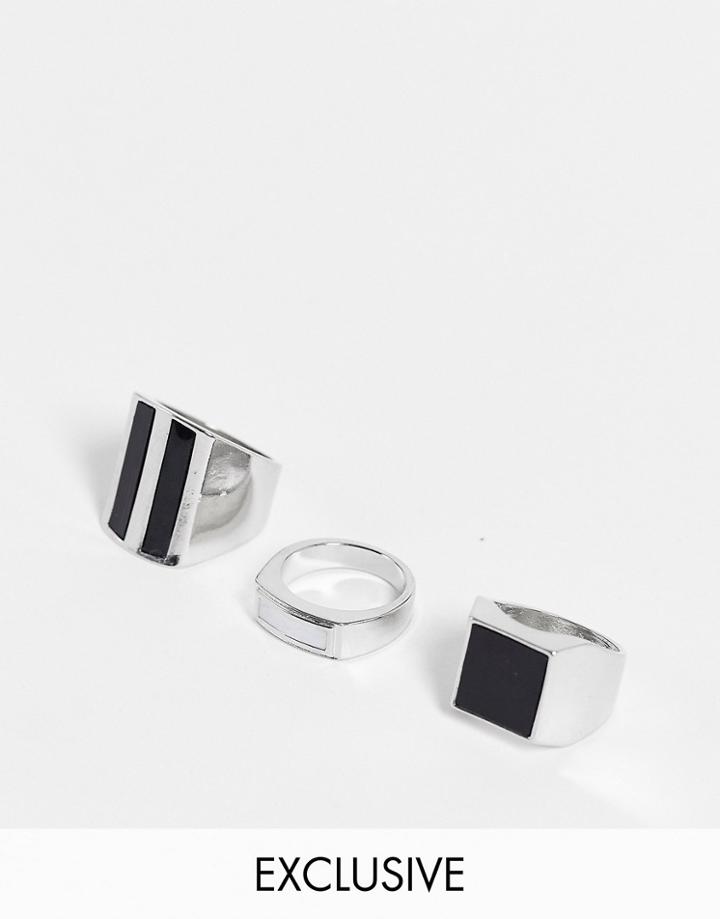 Reclaimed Vintage Inspired Chunky Ring Pack With Enamel Detail In Silver