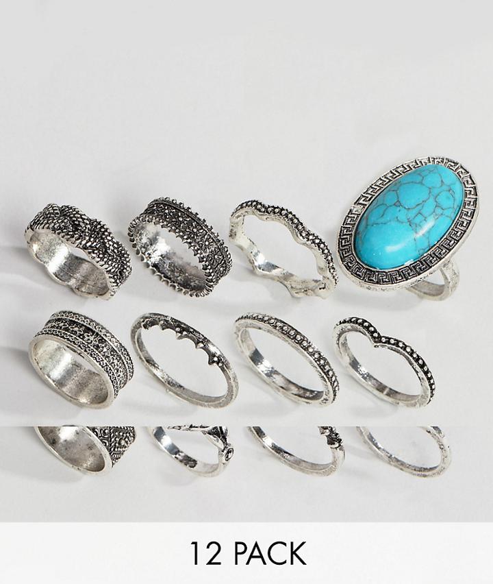 Asos Design Pack Of 12 Festival Engraved Burnished Stone Rings - Gold