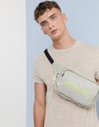 Asos Design Cross Body Fanny Pack In Beige With Neon Yellow Text Print
