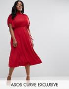 Asos Curve Drape Layer Midi Dress With Tie Waist - Red