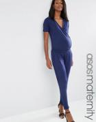 Asos Maternity Wrap Front Jumpsuit With Short Sleeve - Navy