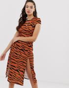 Asos Design High Split Skater Midi Dress In Tiger Print - Multi
