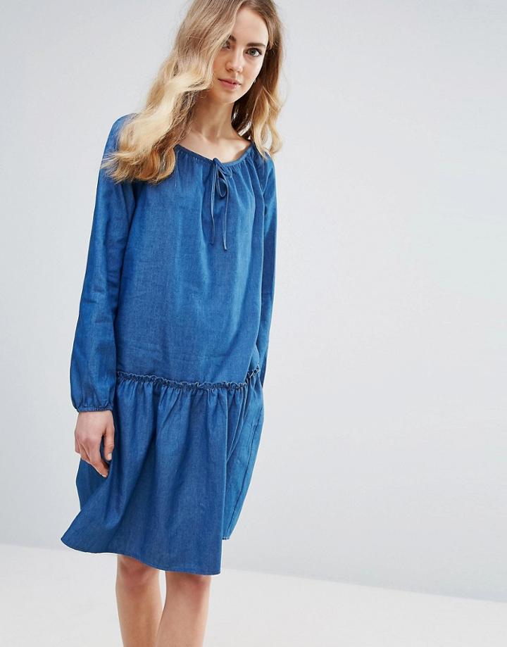 Ichi Bell Sleeve Smock Denim Dress - Blue