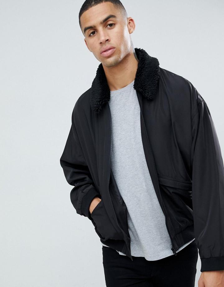 Asos Design Oversized Bomber Jacket In Black With Fleece Collar - Black