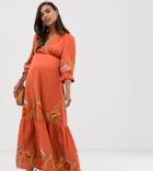Asos Design Maternity Plunge Neck Maxi Dress With Border Embroidery - Pink