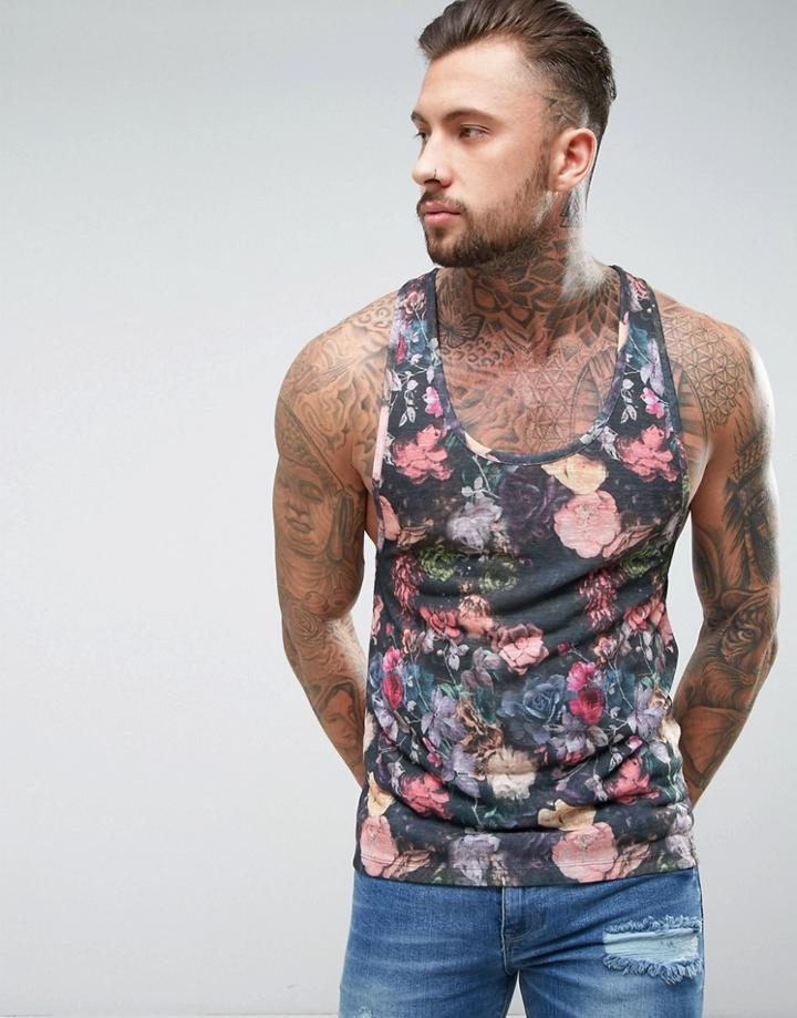 Asos Extreme Racer Back Tank In Linen Look Fabric With Floral Print - Multi