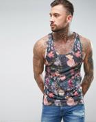 Asos Extreme Racer Back Tank In Linen Look Fabric With Floral Print - Multi