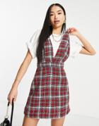 New Look Boucle Check V Neck Pinny Dress In Burgundy-red