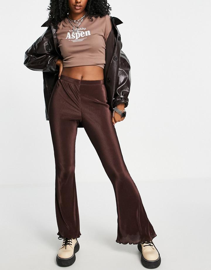 Topshop Plisse Flared Pant In Chocolate-brown