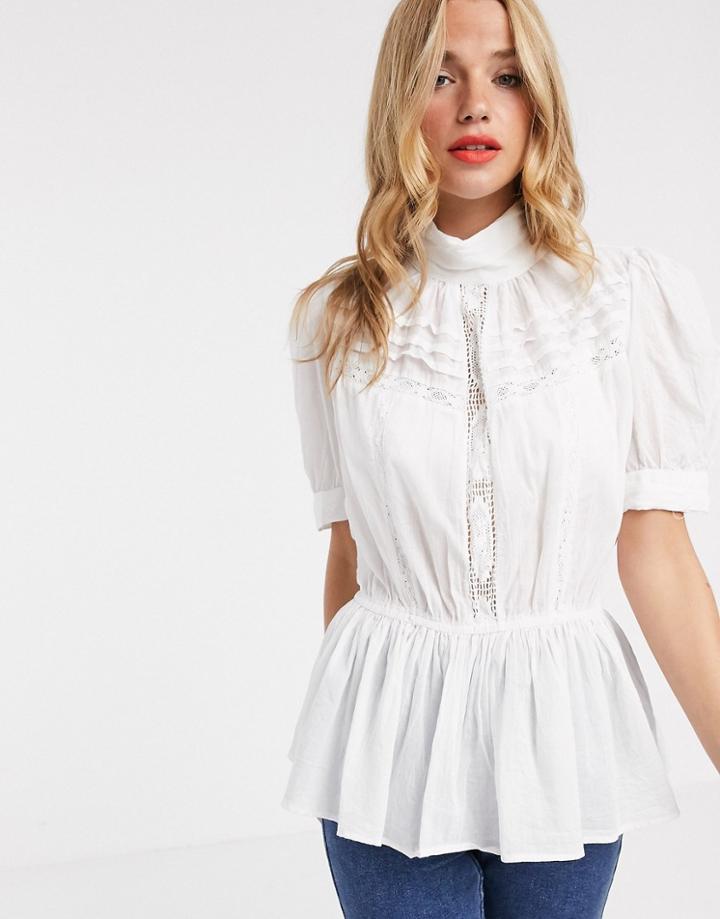 Asos Design High Neck Top In Cotton With Lace Insert-white
