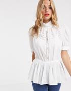 Asos Design High Neck Top In Cotton With Lace Insert-white