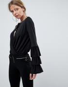 Asos Wrap Front Top With Frill Sleeves And Tie Neck - Black