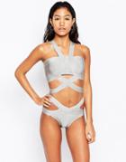 Little Mistress Bandage Cut Out Detail Swimsuit - Silver