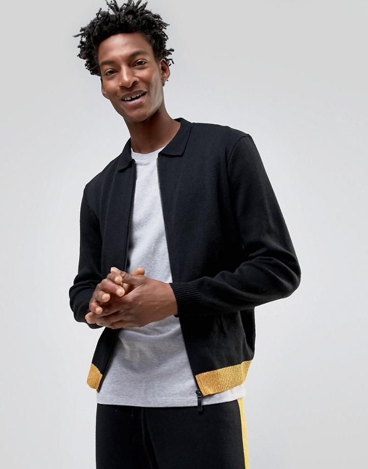 Asos Knitted Bomber With Collar And Metallic Yarn Hem - Black