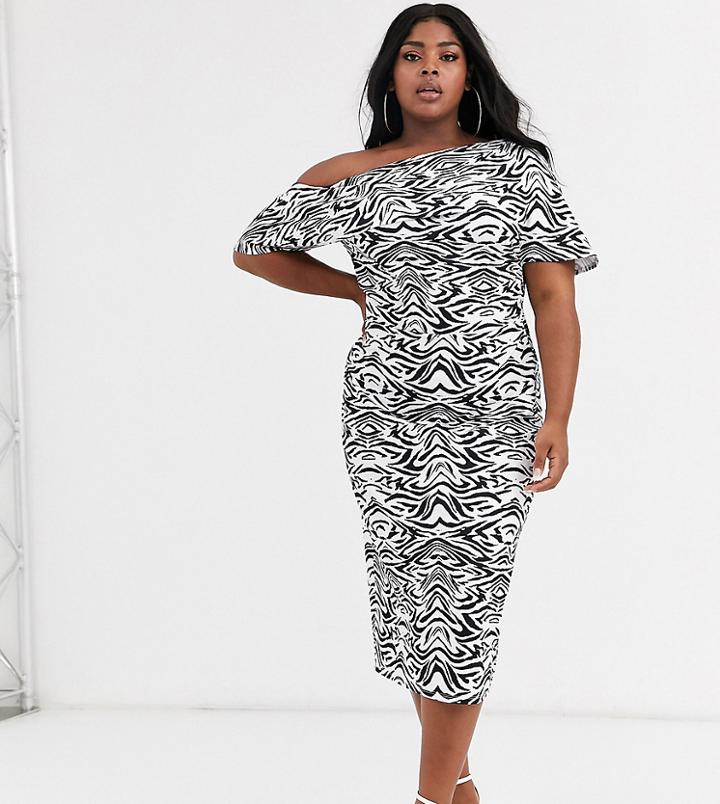 Asos Design Curve Pleated Shoulder Pencil Dress In Zebra Print
