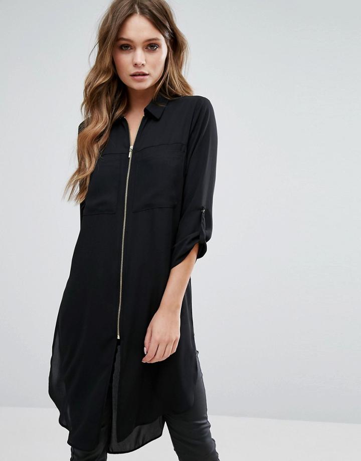 New Look Zip Front Longline Shirt - Black