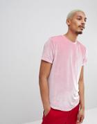 Asos Design Longline T-shirt With Curved Hem In Pink Velour - Pink