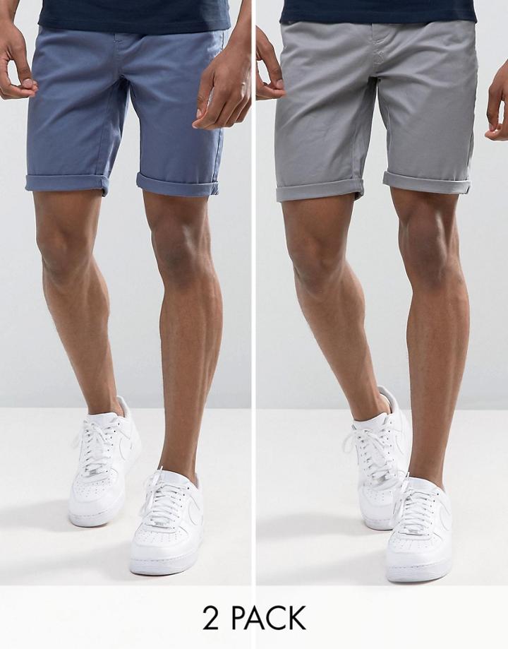 Asos Tall 2 Pack Slim Chino Shorts In Gray & Indigo Save - Multi