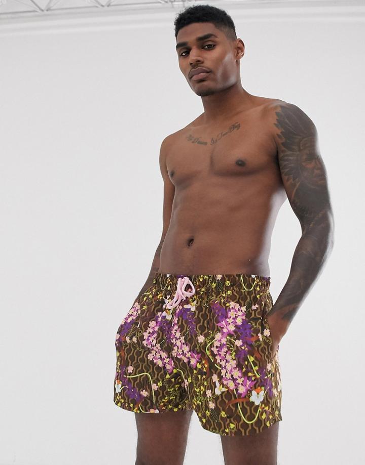 Asos Design Swim Shorts Swim Shorts In Monogram Print With Florals Short Length