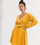 Asos Design Maternity Cord Wrap Smock Mini Dress In Marigold-orange