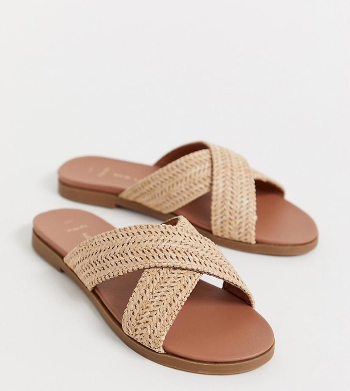 New Look Wide Fit Woven Cross Strap Flat Sandal In Camel - Tan