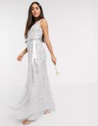 Amelia Rose Bridesmaid Embellished Wrap Maxi Dress In Silver