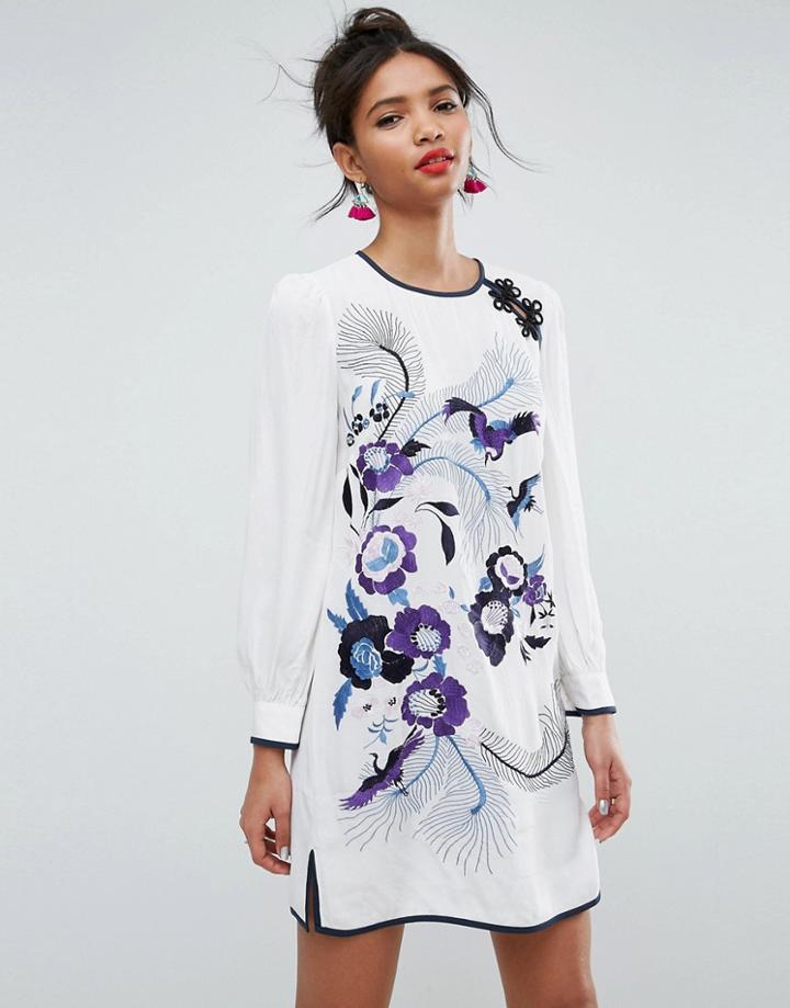 Asos Premium Embroidered Mini Shift With Blouson Sleeve - Multi