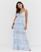 True Decadence Premium Frill Layered Cami Maxi Dress With Lace Insert In Soft Blue - Blue