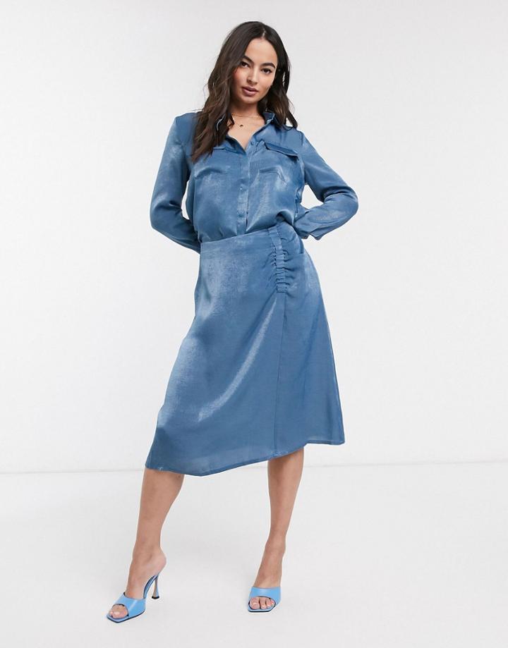 Ichi Satin Gathered Bias Cut Midi Skirt-blues
