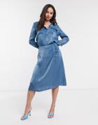 Ichi Satin Gathered Bias Cut Midi Skirt-blues