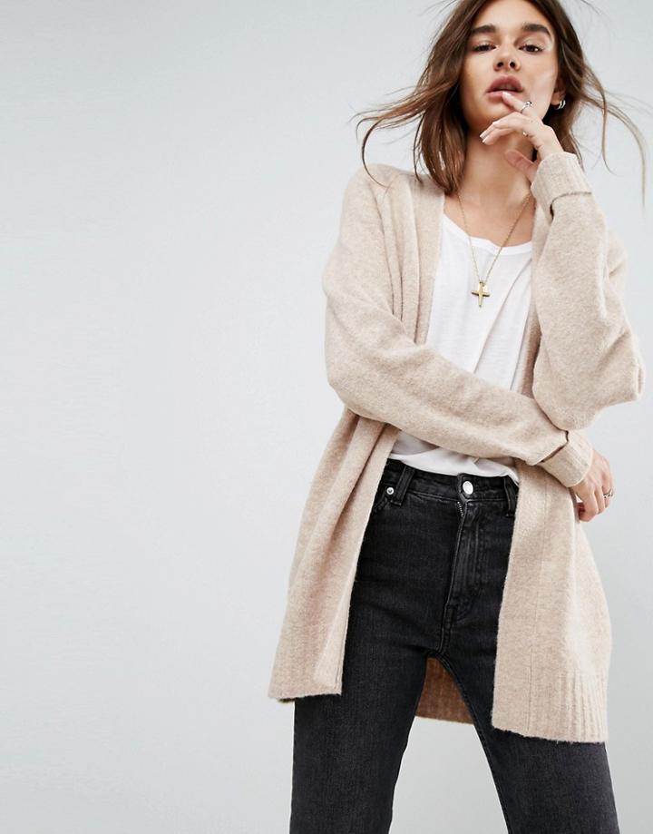 Asos Chunky Knit Cardigan In Wool Mix - Beige