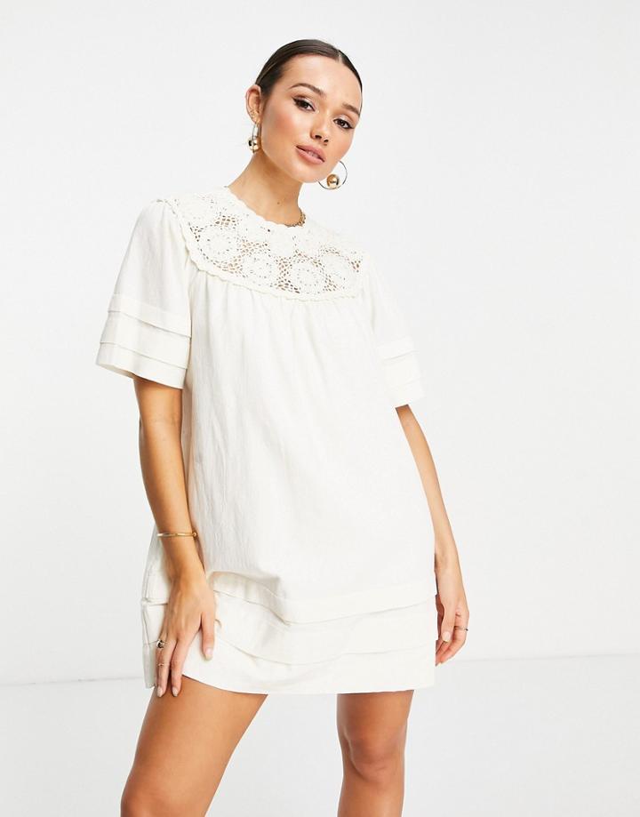 & Other Stories Cotton Crochet And Pleat Detail Mini Dress In Off White