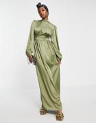 Flounce London Balloon Sleeve Maxi Dress In Khaki Satin-green
