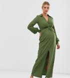 Asos Design Maternity Textured Drape Shirt Maxi Dress With Knot Detail-multi
