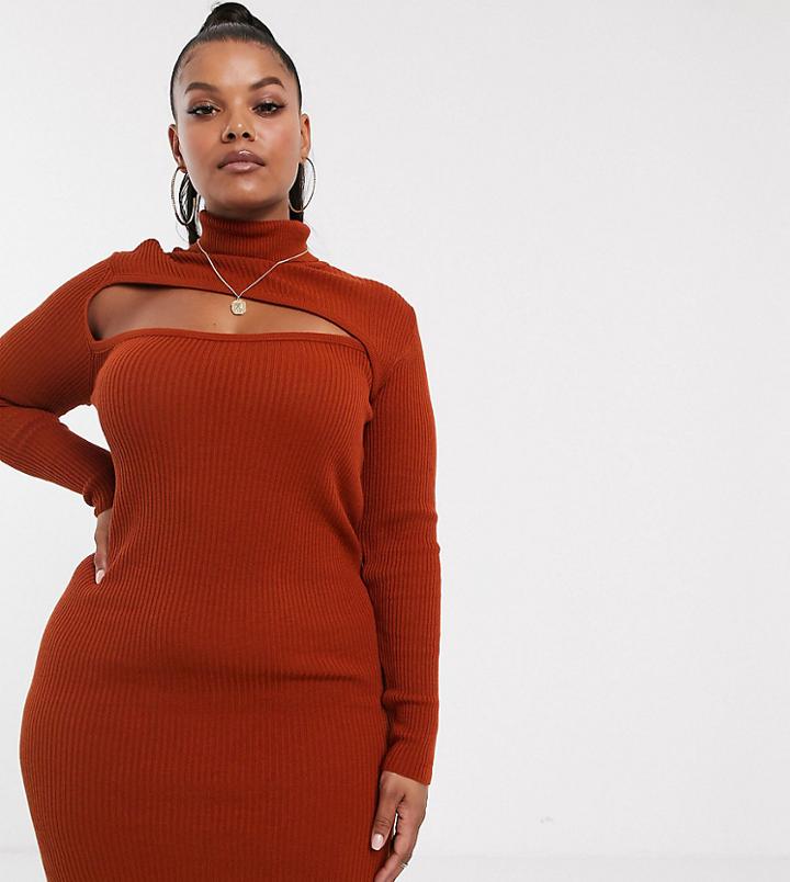 Asos Design Curve Asymetric Cut Out High Neck Mini Dress-red