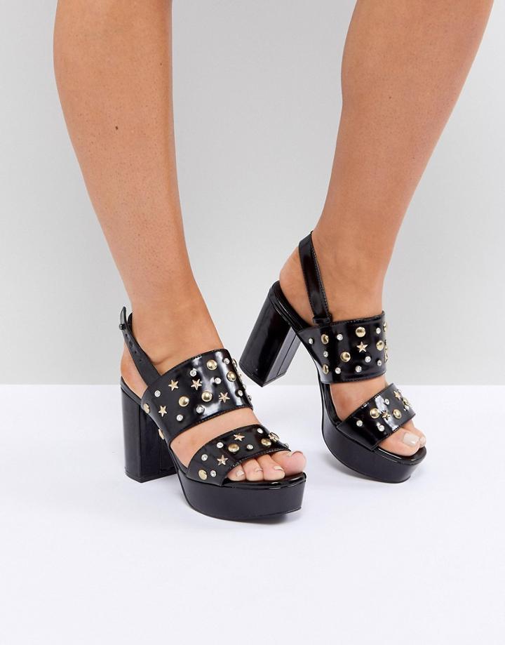 Monki Star Stud Patent Platform Sandals - Black