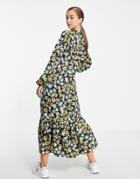 Mango Recycled Polyester Midi Smock Dress In Black Floral