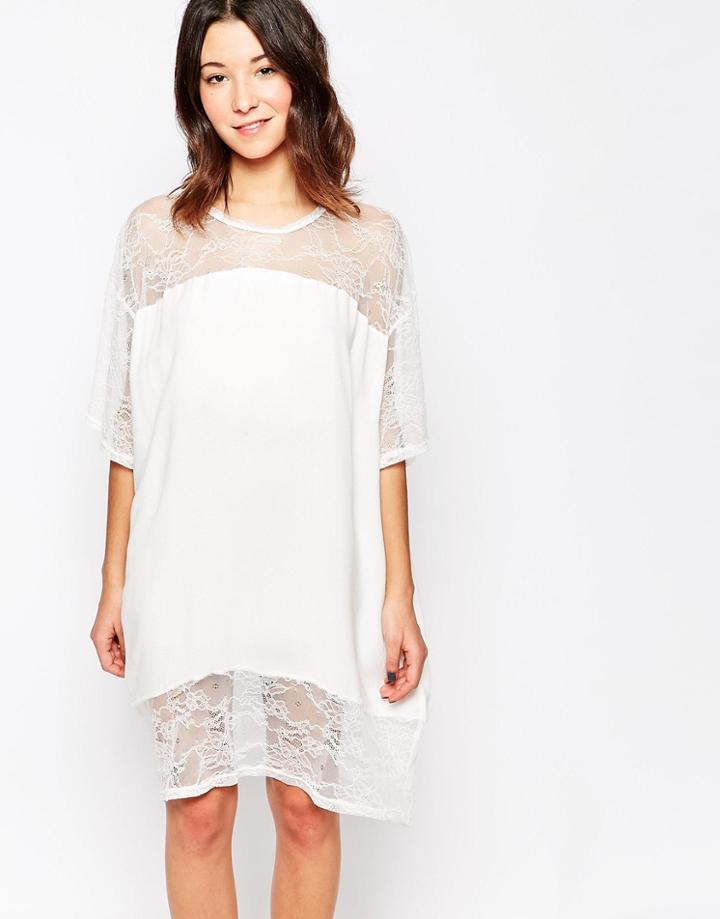 Japonica Oversized Top With Lace Panel - White