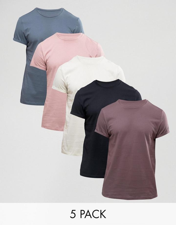 Asos T-shirt With Crew Neck And Roll Sleeve 5 Pack Save - Multi
