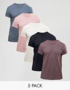 Asos T-shirt With Crew Neck And Roll Sleeve 5 Pack Save - Multi