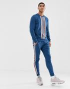 Asos Design Tracksuit Sweatshirt/super Skinny Sweatpants With Knitted Side Stripes In Blue - Blue