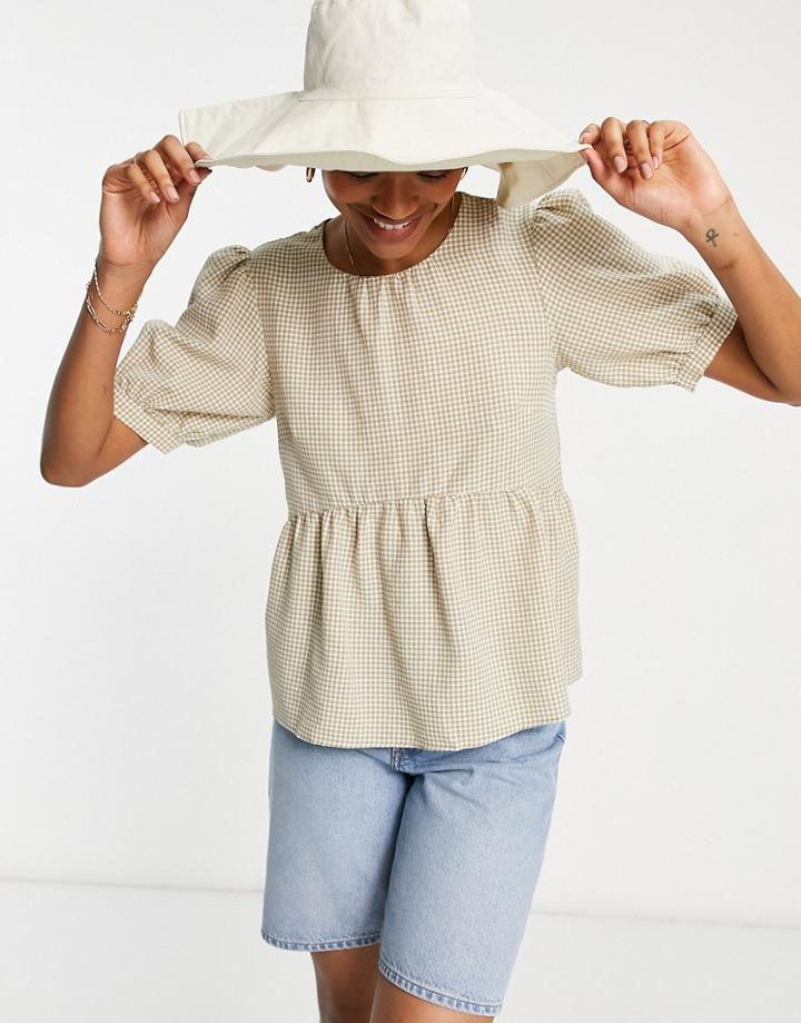 Vila Smock Top With Tie Back In Neutral Gingham - Part Of A Set