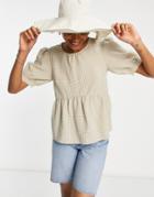 Vila Smock Top With Tie Back In Neutral Gingham - Part Of A Set