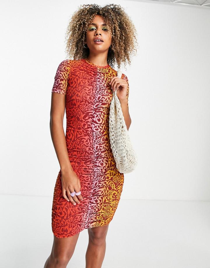 Weekday Agnes Mesh Dress With Ruche Detail In Gradient Print In Orange-multi