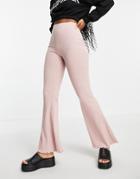 Asos Design Rib Flare Pant With Lettuce Hem In Dusty Rose - Part Of A Set-pink