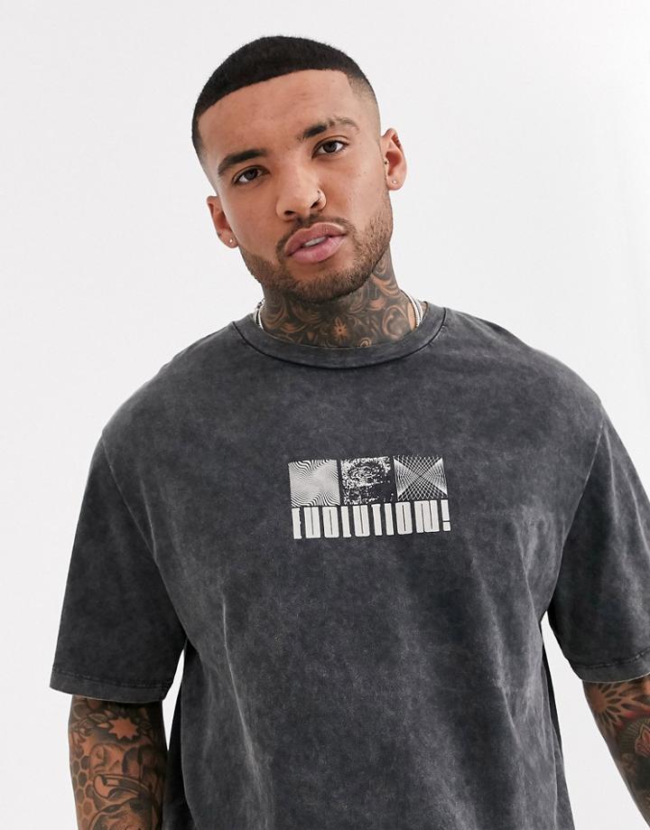 Bershka T-shirt With Chest And Back Print In Washed Gray