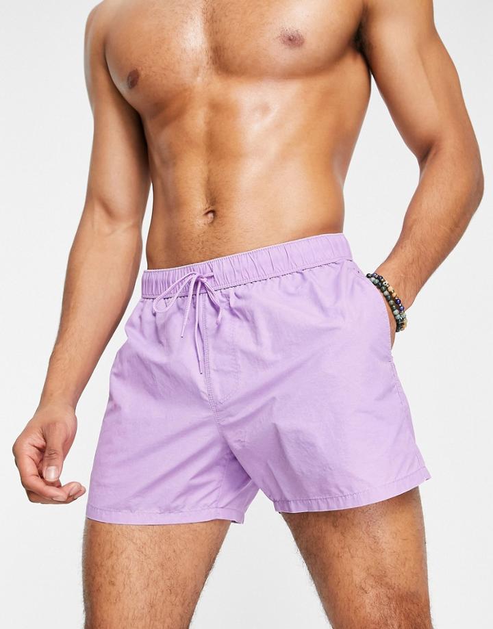 Asos Design Swim Shorts In Short Length Purple Acid Wash