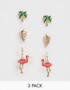 Asos Design Pack Of 3 Earrings In Tropical Palm Tree And Flamingo Design In Gold Tone - Gold