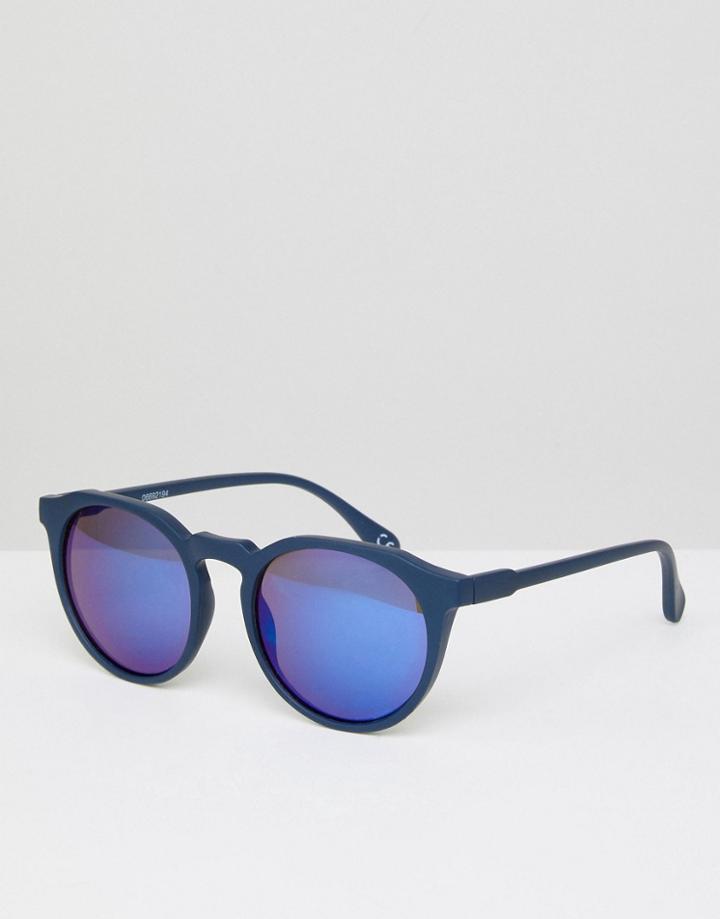 Asos Round Sunglasses In Matte Navy With Blue Mirror Lens - Blue