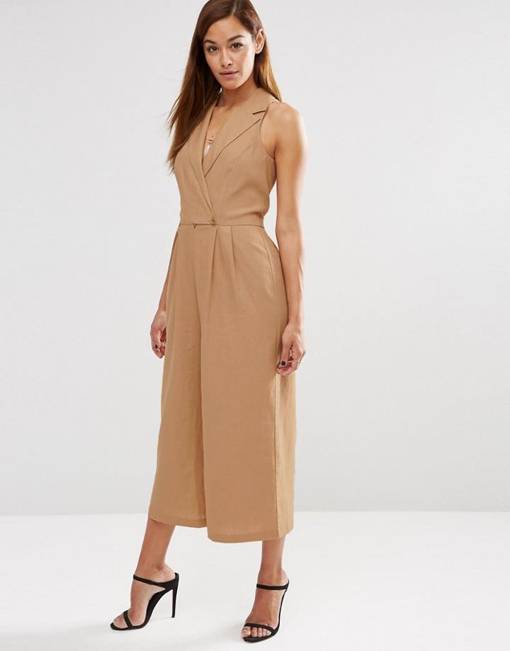 Asos Sleeveless Jumpsuit In Linen - Camel